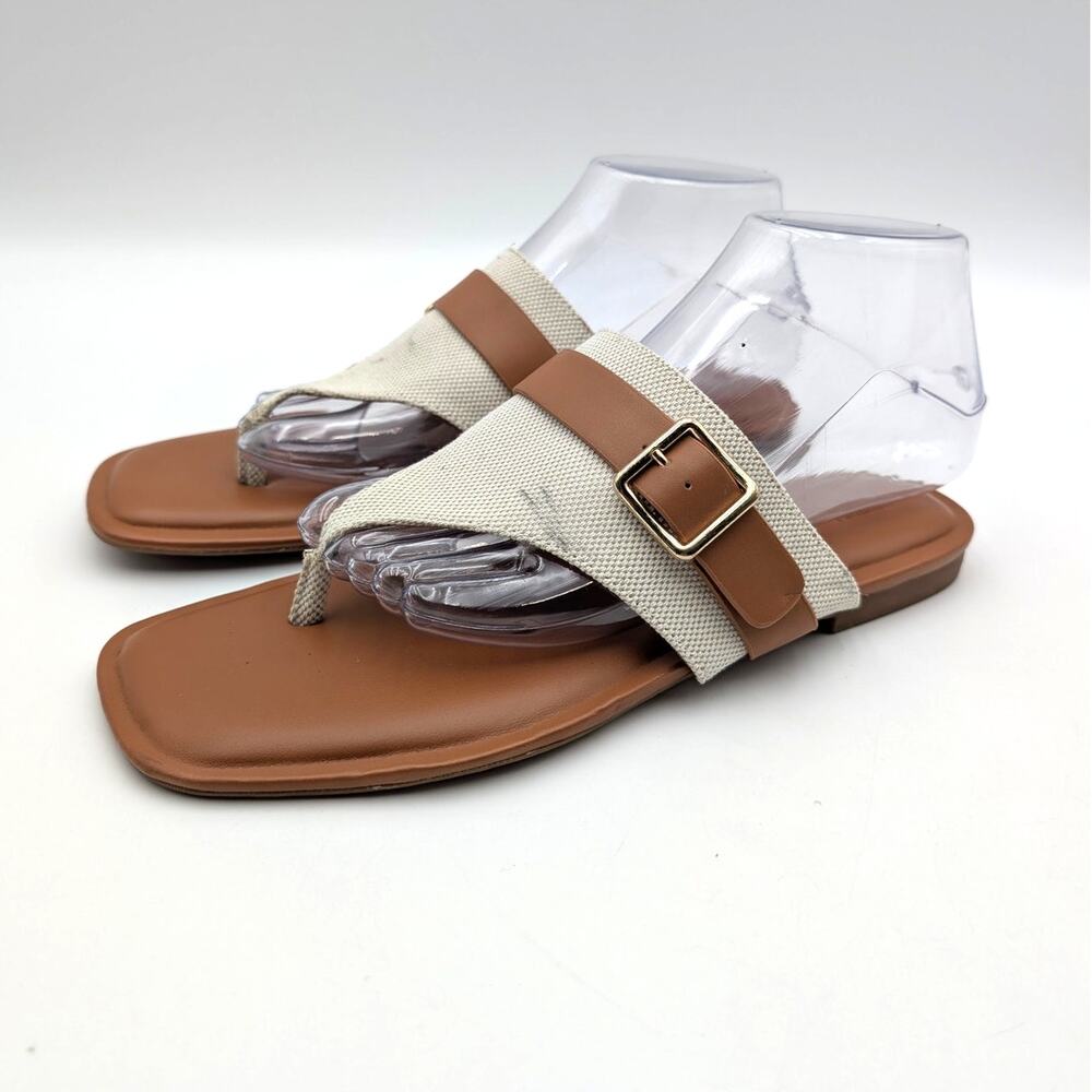 Nordstrom Rack Casen T-Strap Flat Sandals Women's Ivory/Cognac Sz US9M EU39